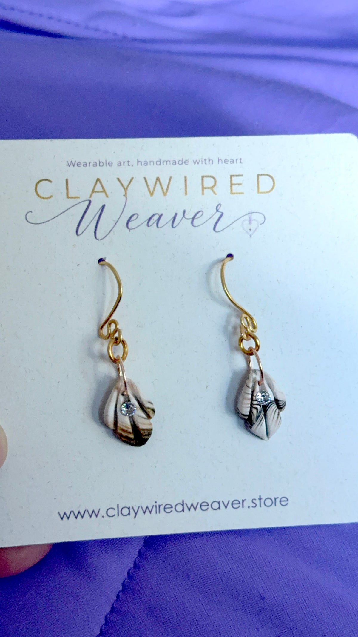 Ivory Marbled Leaf Drop Earrings with Crystal Accent