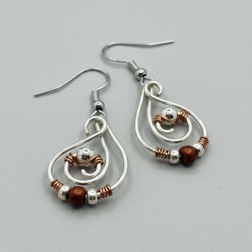 A pair of handmade dangle earrings featuring silver-toned metal wire loops, small copper-wrapped beads, and polished brown and silver beads, suspended from silver fishhook wires on a light gray background.