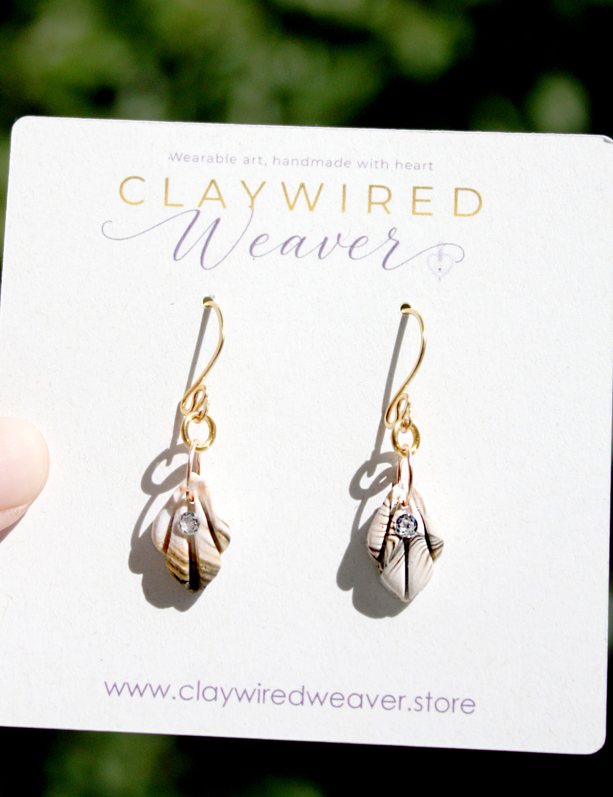 Ivory Marbled Leaf Drop Earrings with Crystal Accent