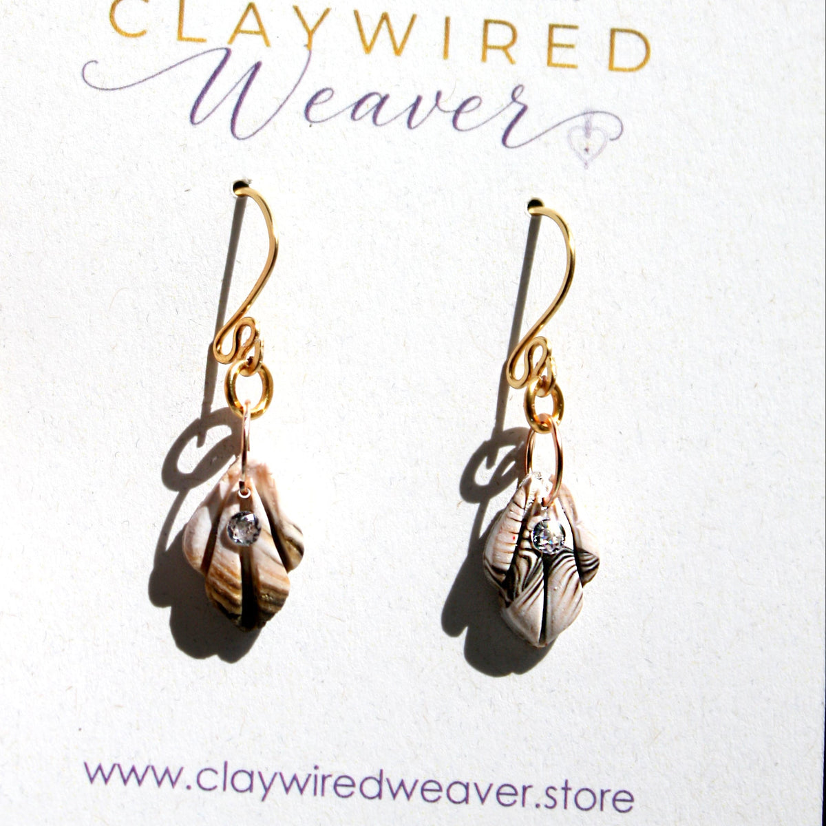 Ivory Marbled Leaf Drop Earrings with Crystal Accent
