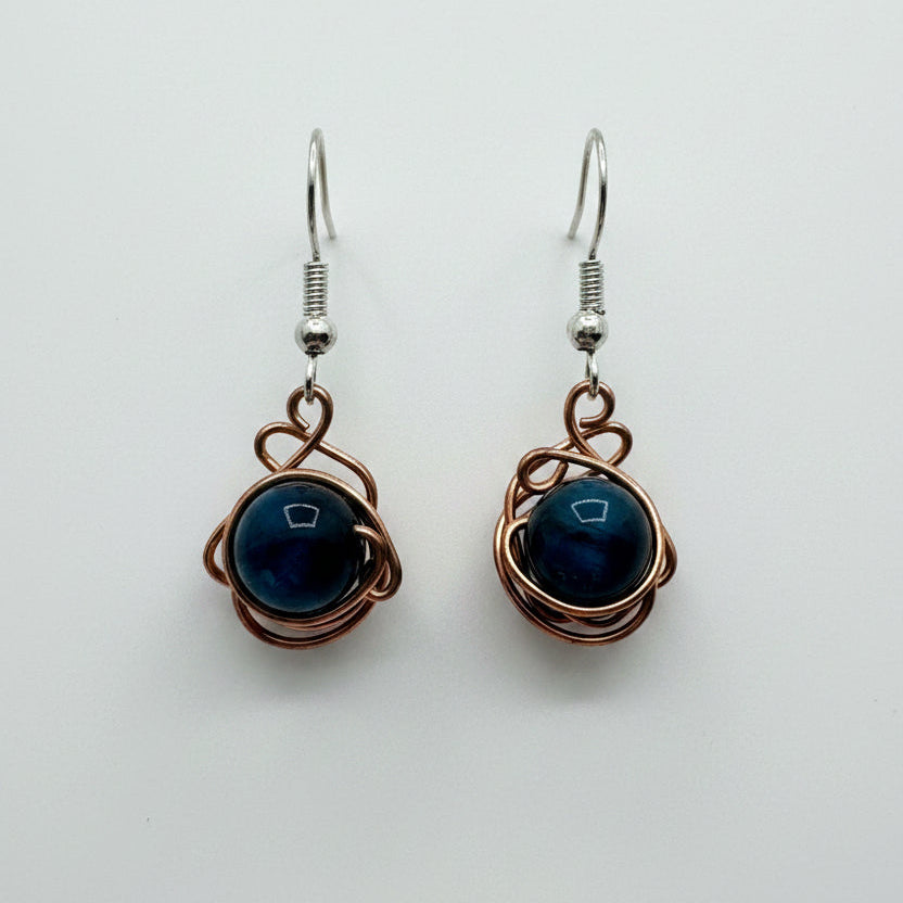 Dark Tide Tiger Eye Drops - dark blue tiger eye copper wire earrings