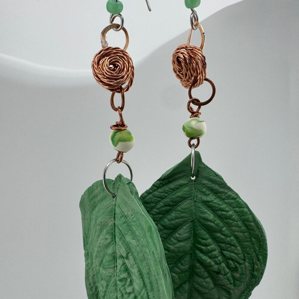 Copper Rose Leaf Drops - copper wire rose polymer clay leaf earrings