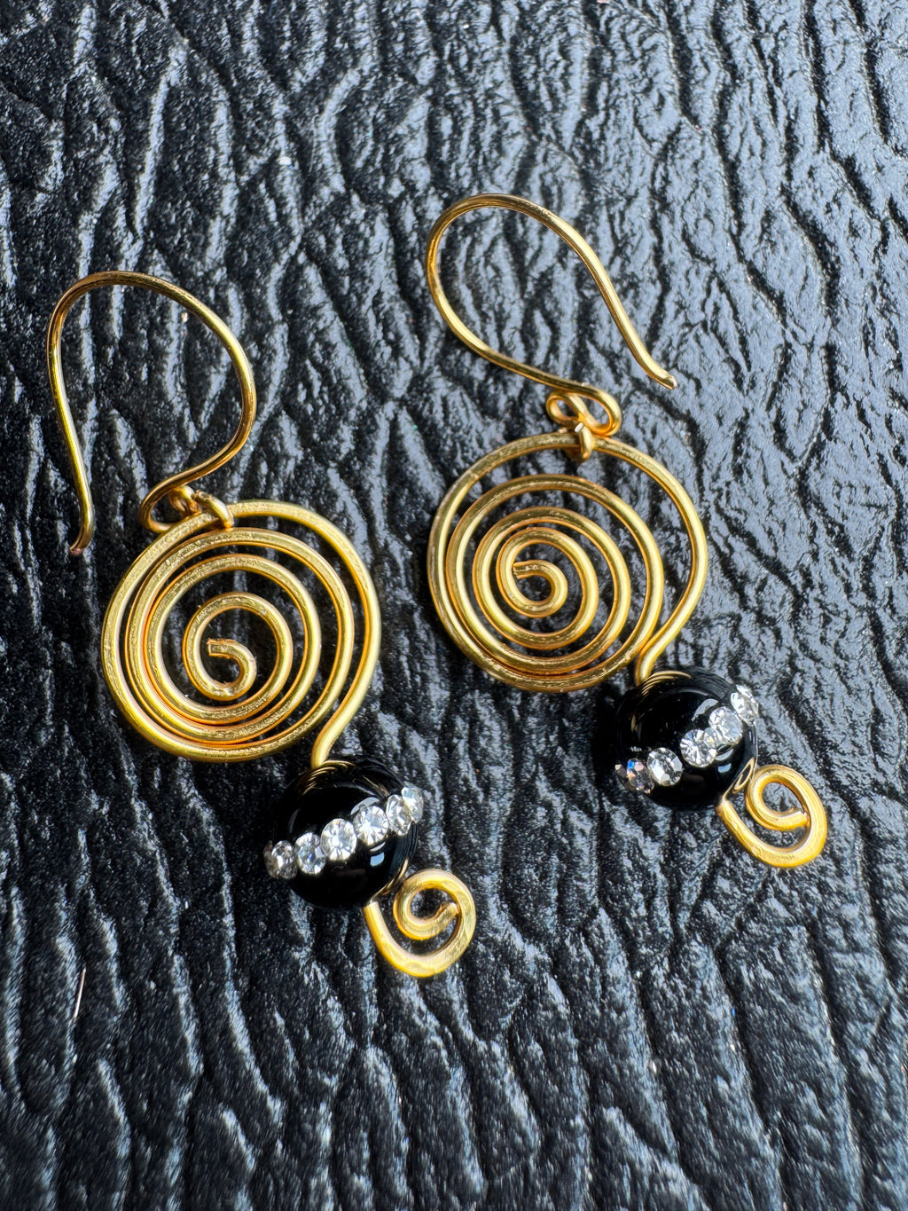 Golden Spiral Black Onyx Bead Earrings