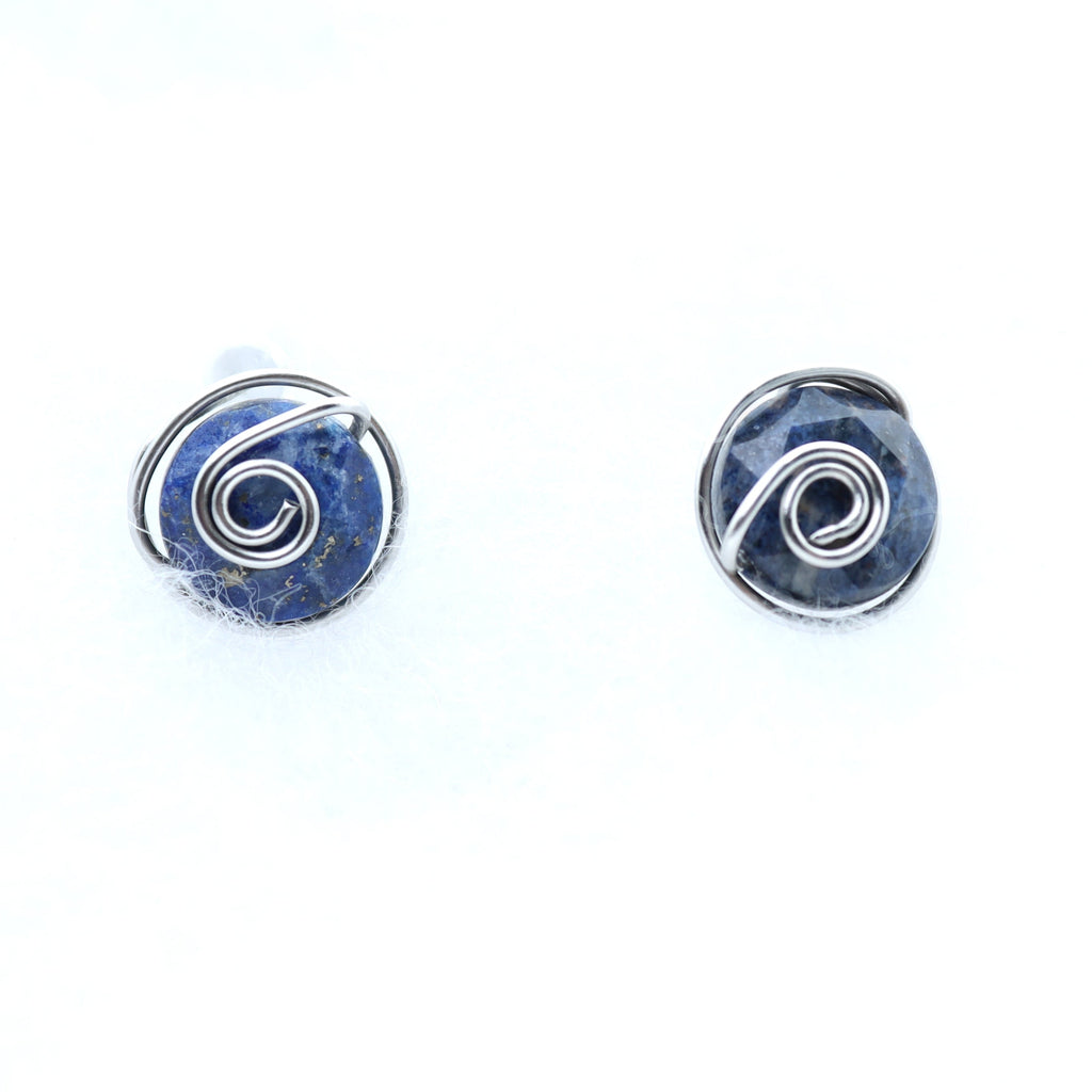 A pair of handmade wire-wrapped earrings featuring dark blue aventurine 10mm faceted stones held in hand-shaped stainless steel spiral wire details, set against a plain white background.
